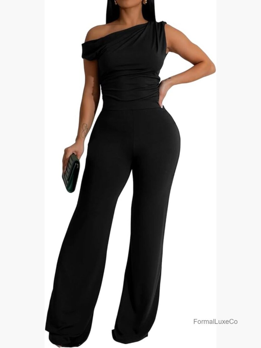 One Shoulder Sleeveless Ruched High Waist Wide Leg Jumpsuit